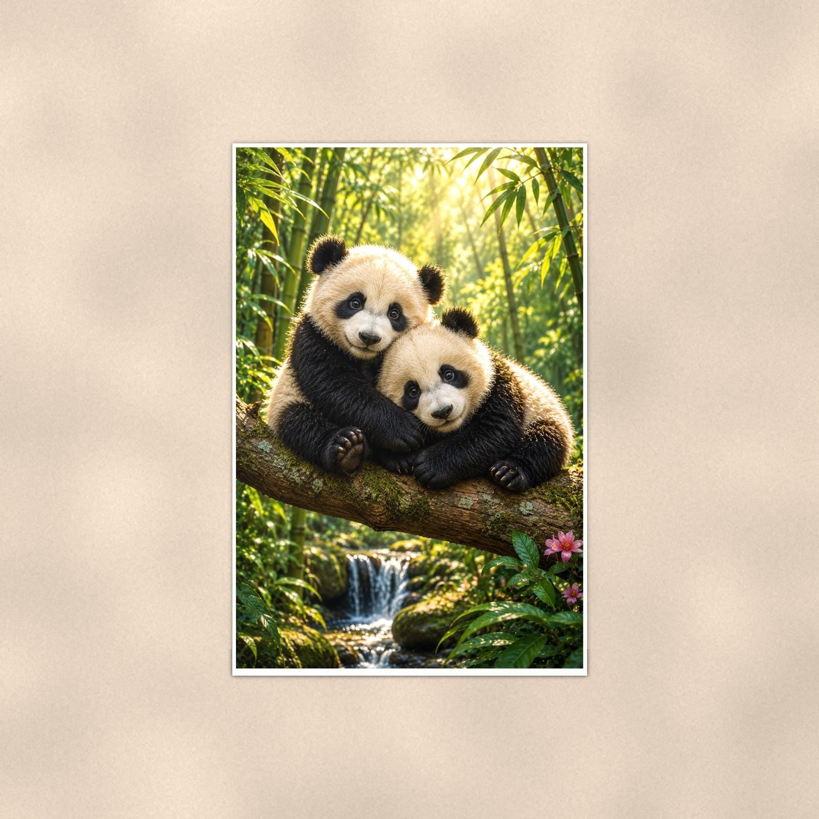 Panda Pair — 24x36 in art print poster, premium luster paper with a white border; poster shown straight on against a warm wall.