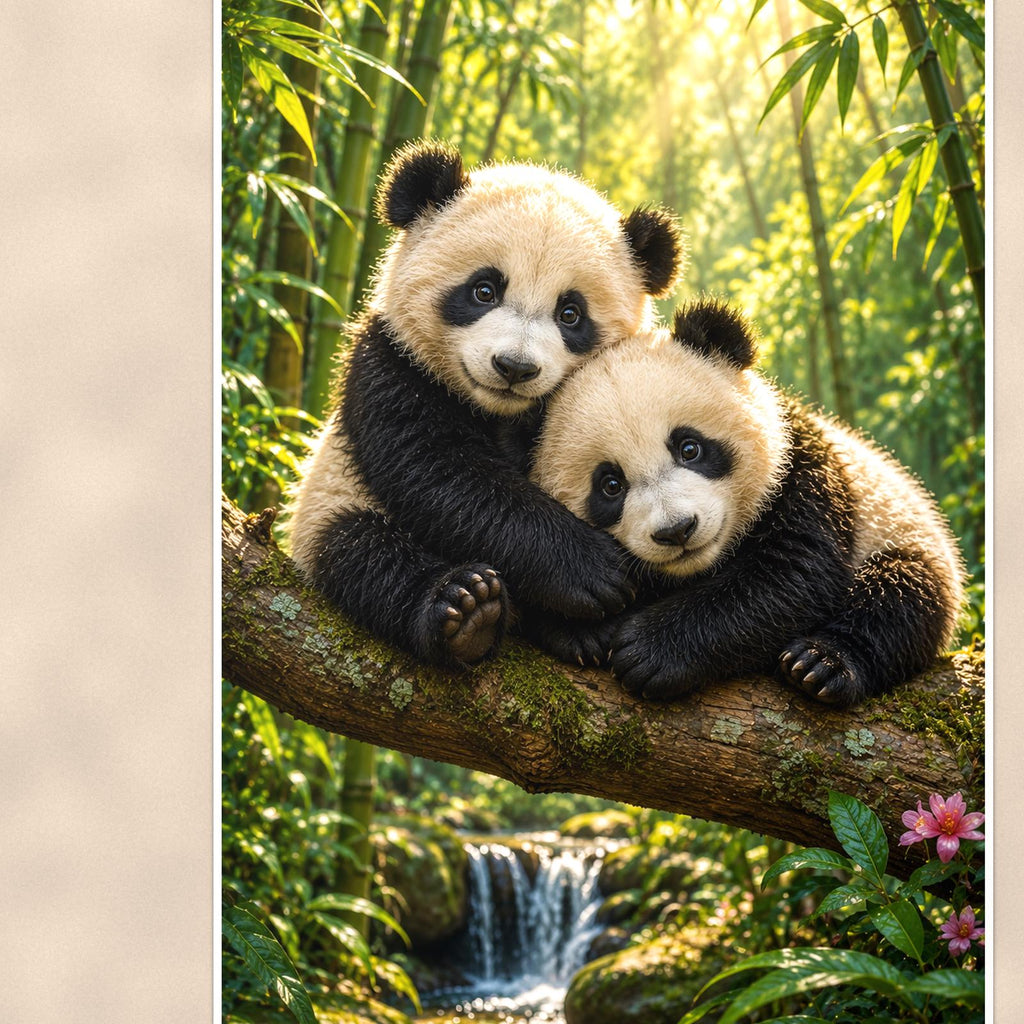 Panda Pair — 24x36 in art print poster, premium luster paper with a white border; close-up framed on the main subject of the artwork, paper surface visible.