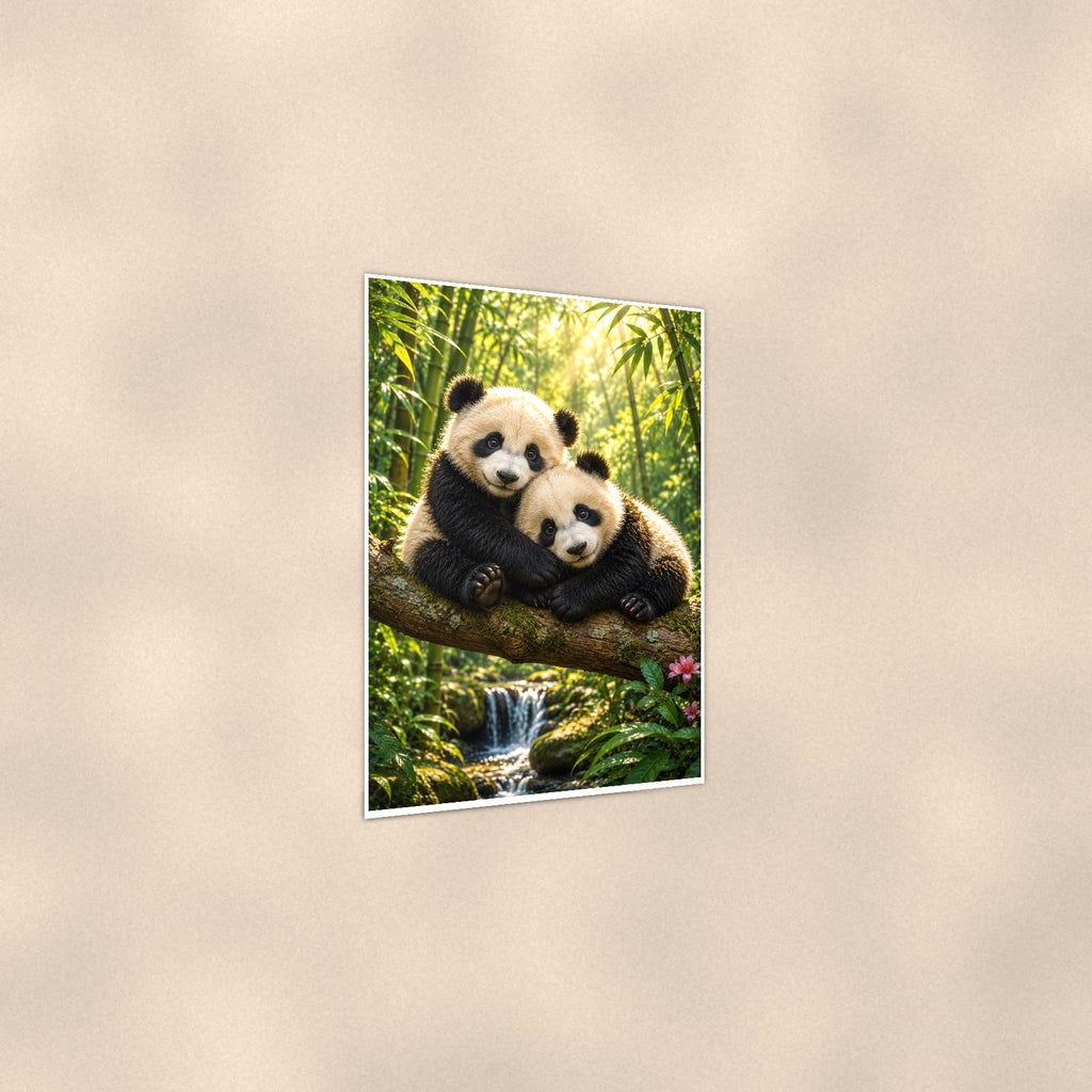 Panda Pair — 24x36 in art print poster, premium luster paper with a white border; gentle three-quarter angle on a warm wall, showing the flat paper edge.