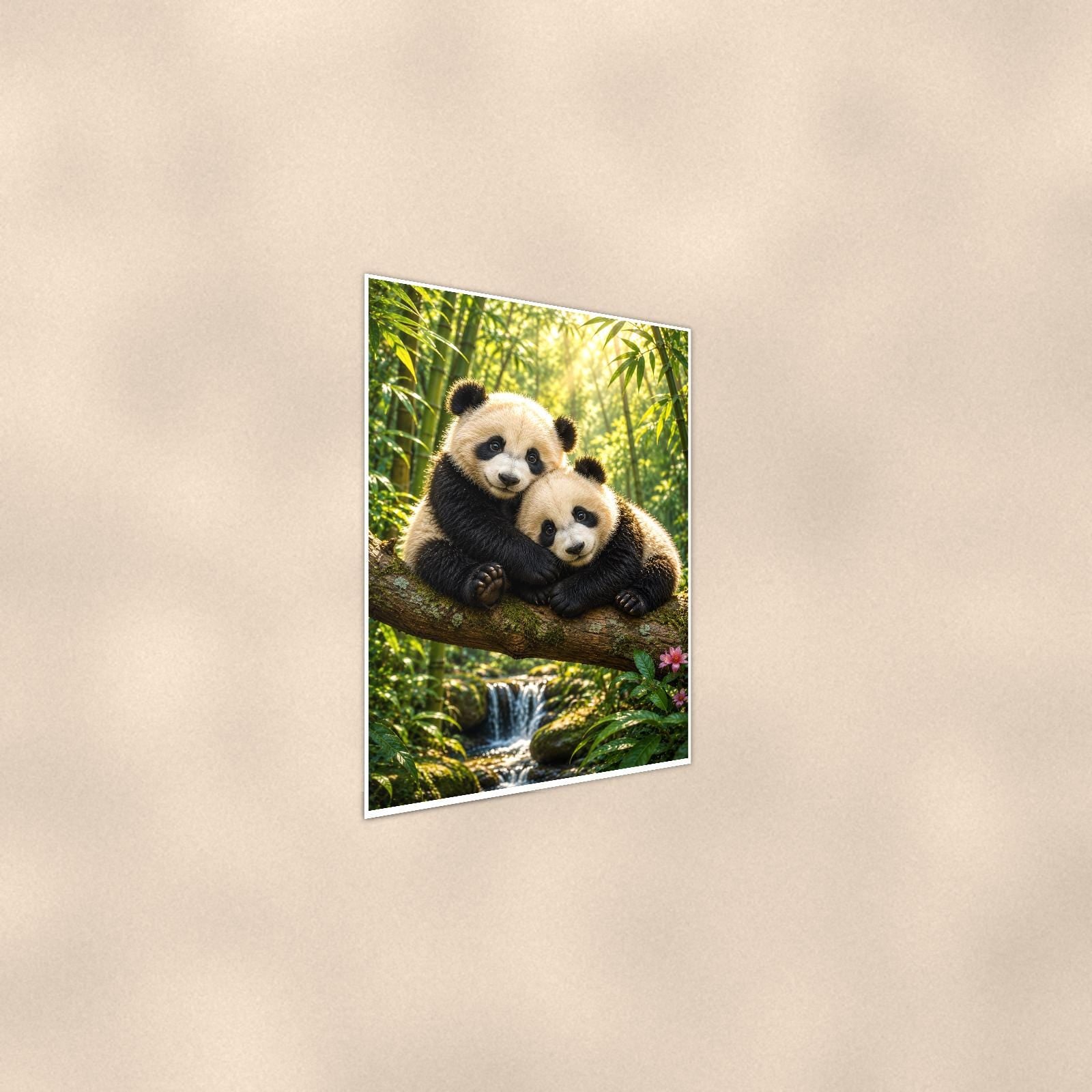 Panda Pair — 24x36 in art print poster, premium luster paper with a white border; steeper three-quarter angle on a warm wall, catching the luster sheen.
