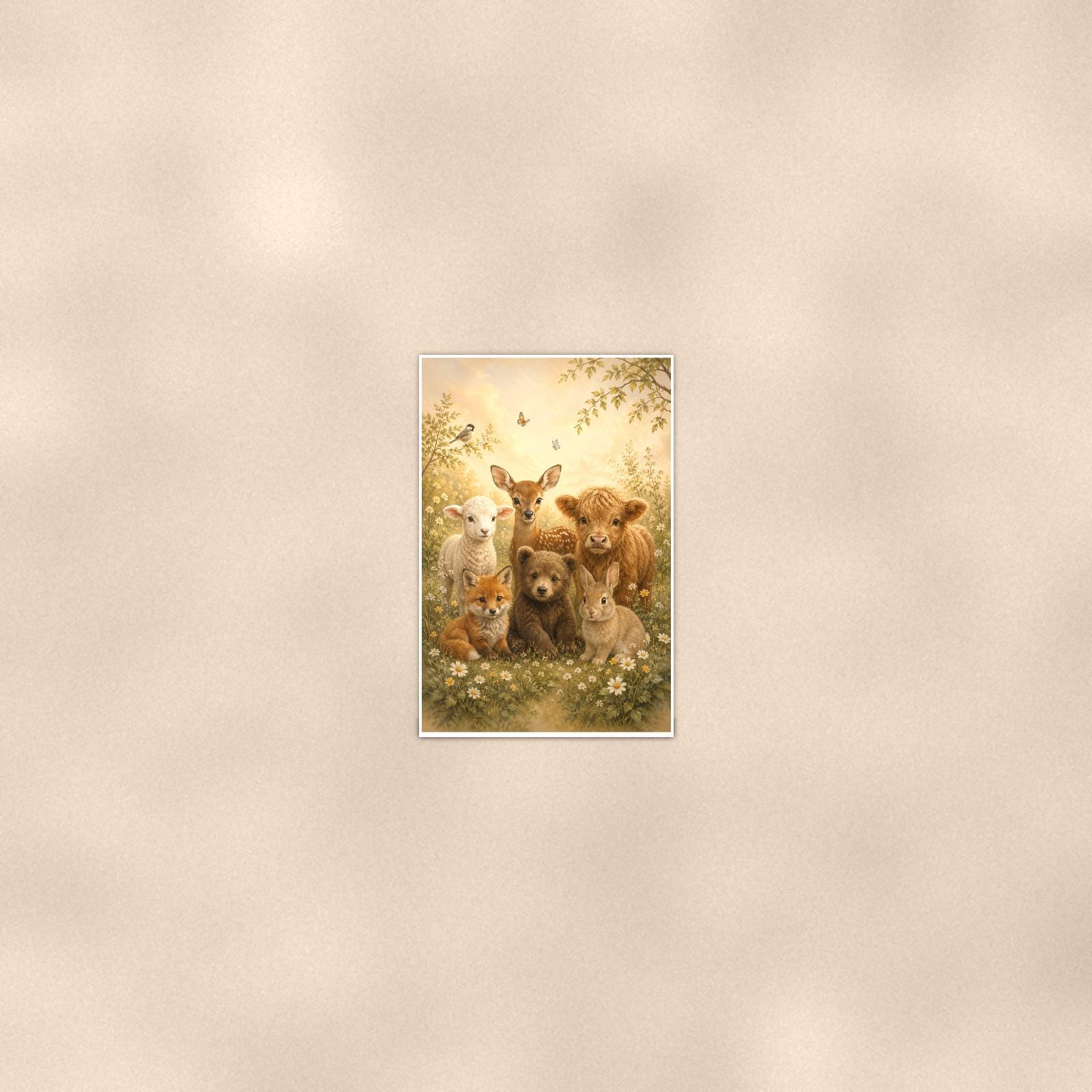 Baby Farm Animals — 24x36 in art print poster, premium luster paper with a white border; poster seen from further back, at true 24x36 in scale on a warm wall.
