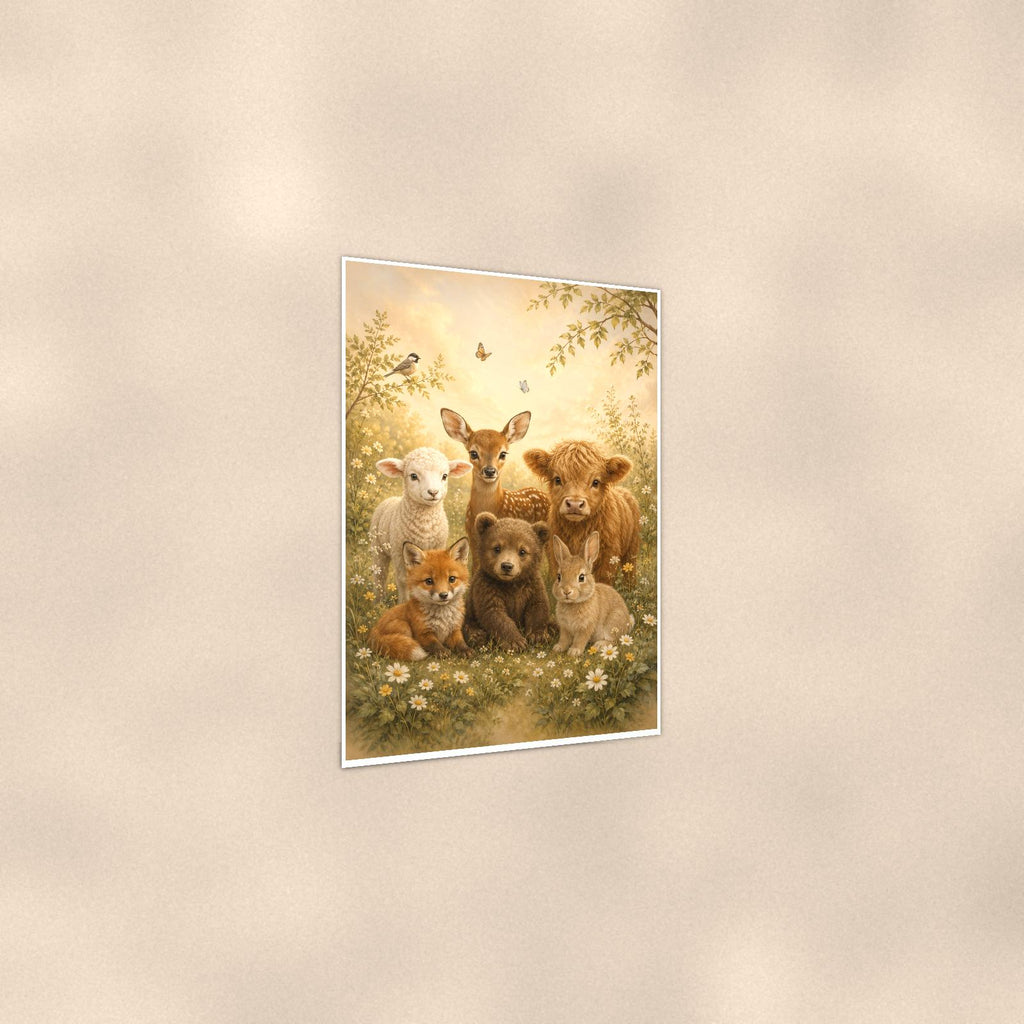 Baby Farm Animals — 24x36 in art print poster, premium luster paper with a white border; gentle three-quarter angle on a warm wall, showing the flat paper edge.