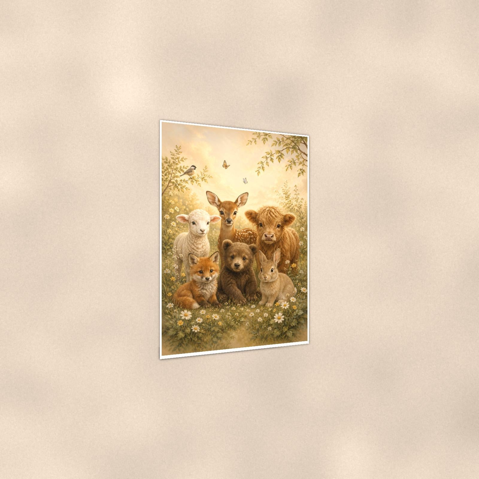 Baby Farm Animals — 24x36 in art print poster, premium luster paper with a white border; gentle three-quarter angle on a warm wall, showing the flat paper edge.