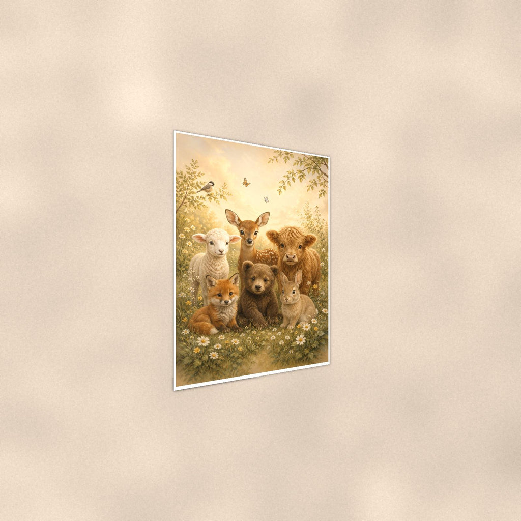 Baby Farm Animals — 24x36 in art print poster, premium luster paper with a white border; steeper three-quarter angle on a warm wall, catching the luster sheen.