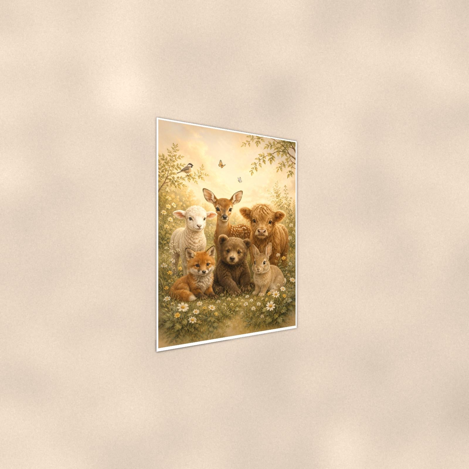 Baby Farm Animals — 24x36 in art print poster, premium luster paper with a white border; steeper three-quarter angle on a warm wall, catching the luster sheen.