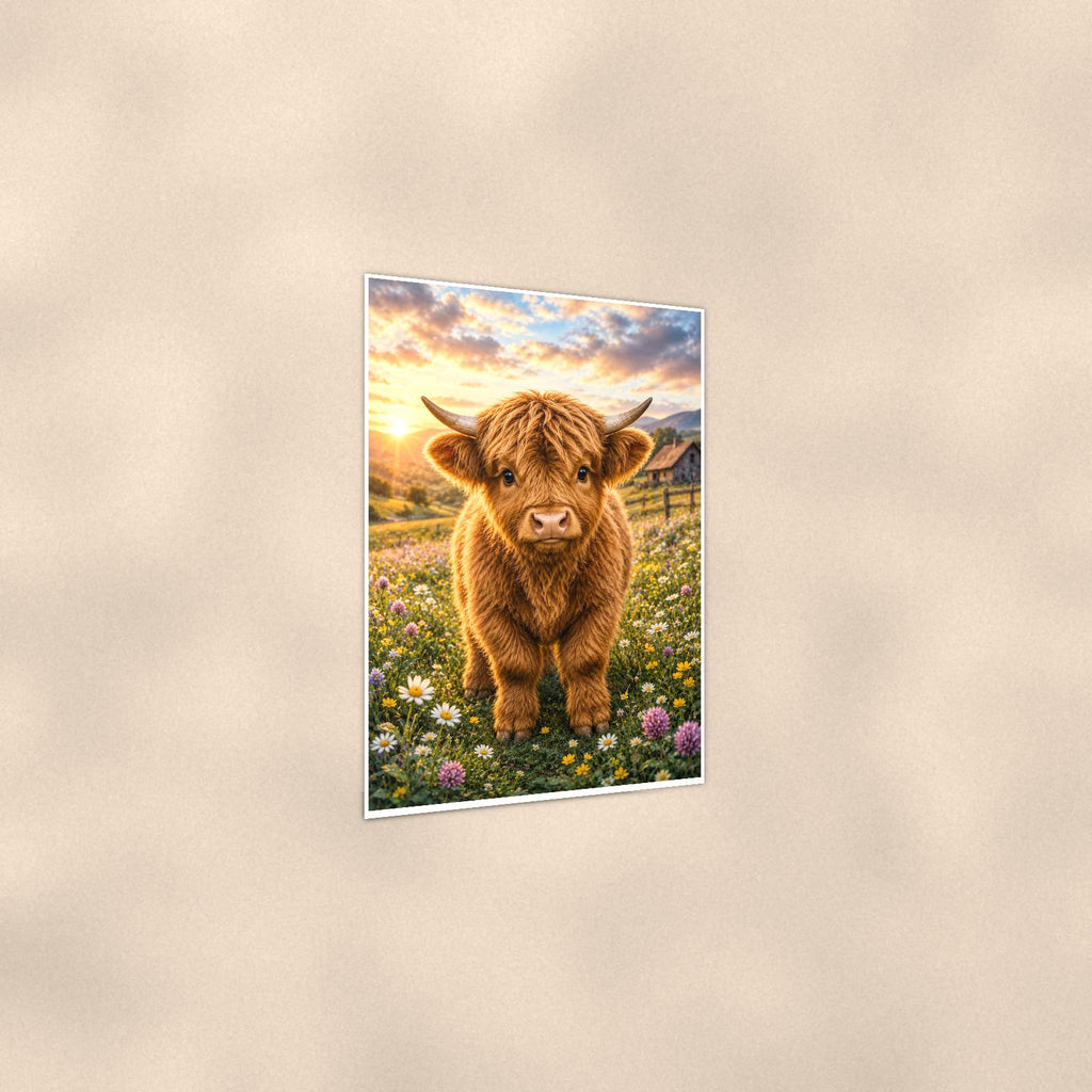 Highland Cow Wildflowers — 24x36 in art print poster, premium luster paper with a white border; gentle three-quarter angle on a warm wall, showing the flat paper edge.