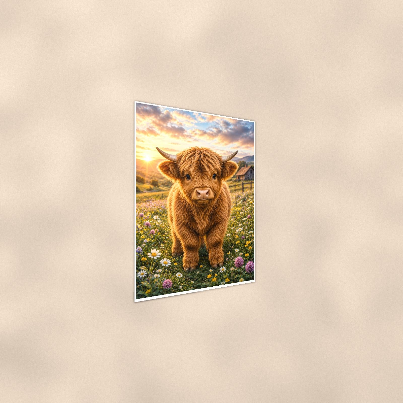 Highland Cow Wildflowers — 24x36 in art print poster, premium luster paper with a white border; steeper three-quarter angle on a warm wall, catching the luster sheen.