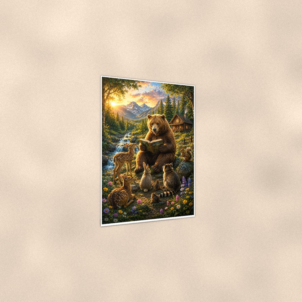 Bear Bicycle Ride — 24x36 in art print poster, premium luster paper with a white border; gentle three-quarter angle on a warm wall, showing the flat paper edge.