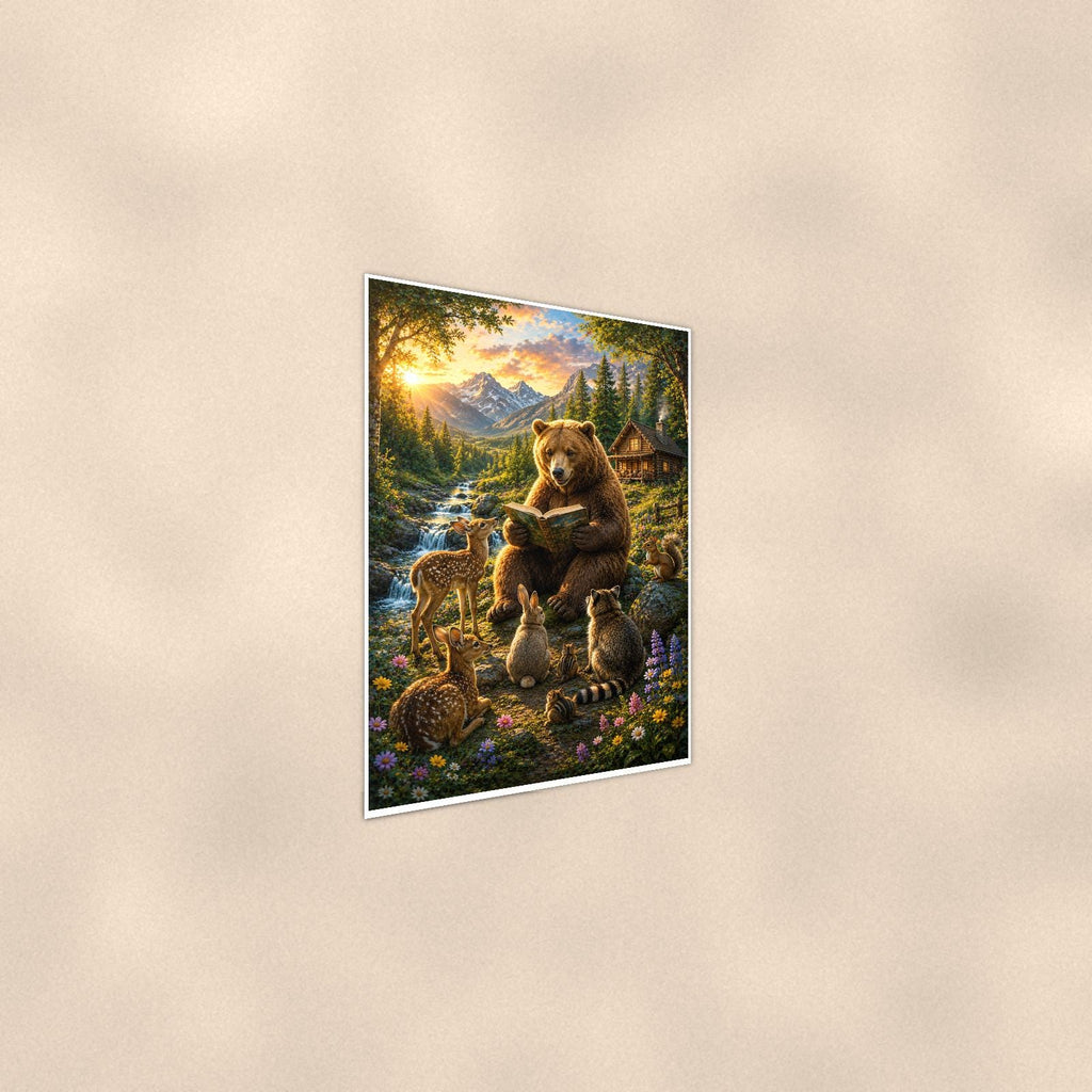 Bear Bicycle Ride — 24x36 in art print poster, premium luster paper with a white border; steeper three-quarter angle on a warm wall, catching the luster sheen.