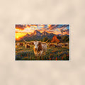 Highland Cow Farm — 36x24 in art print poster, premium luster paper with a white border; poster shown straight on against a warm wall.