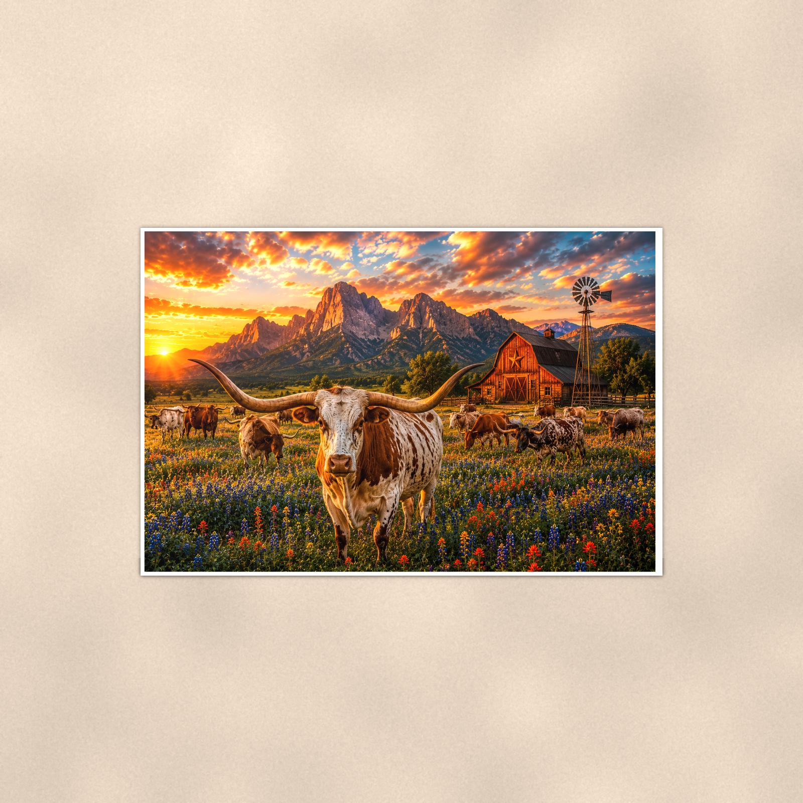 Highland Cow Farm — 36x24 in art print poster, premium luster paper with a white border; poster shown straight on against a warm wall.