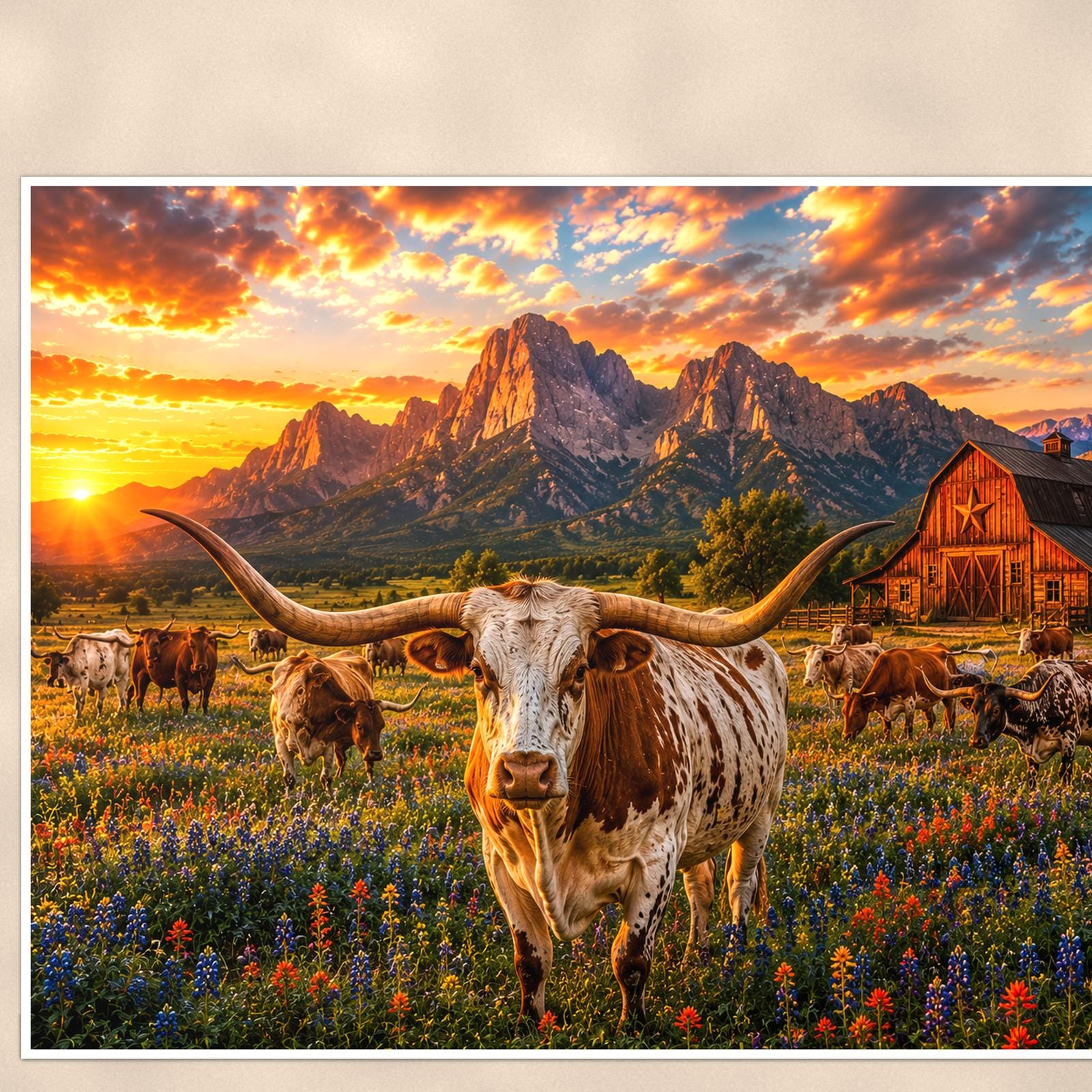 Highland Cow Farm — 36x24 in art print poster, premium luster paper with a white border; close-up framed on the main subject of the artwork, paper surface visible.