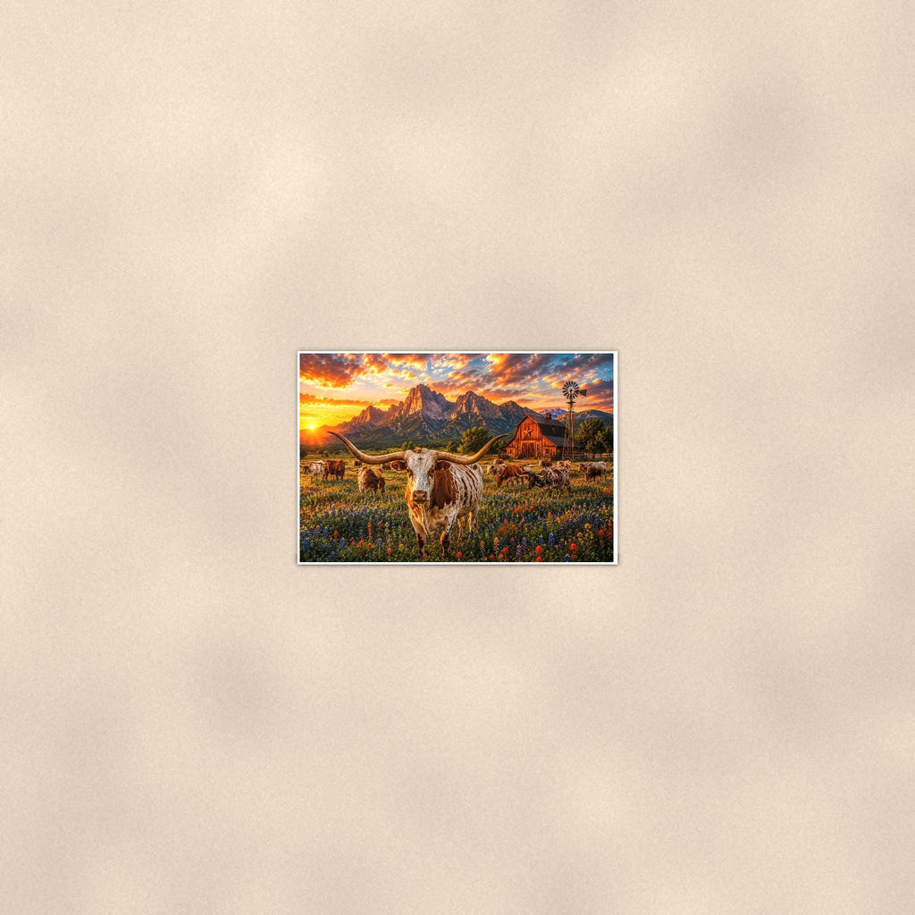 Highland Cow Farm — 36x24 in art print poster, premium luster paper with a white border; poster seen from further back, at true 24x36 in scale on a warm wall.