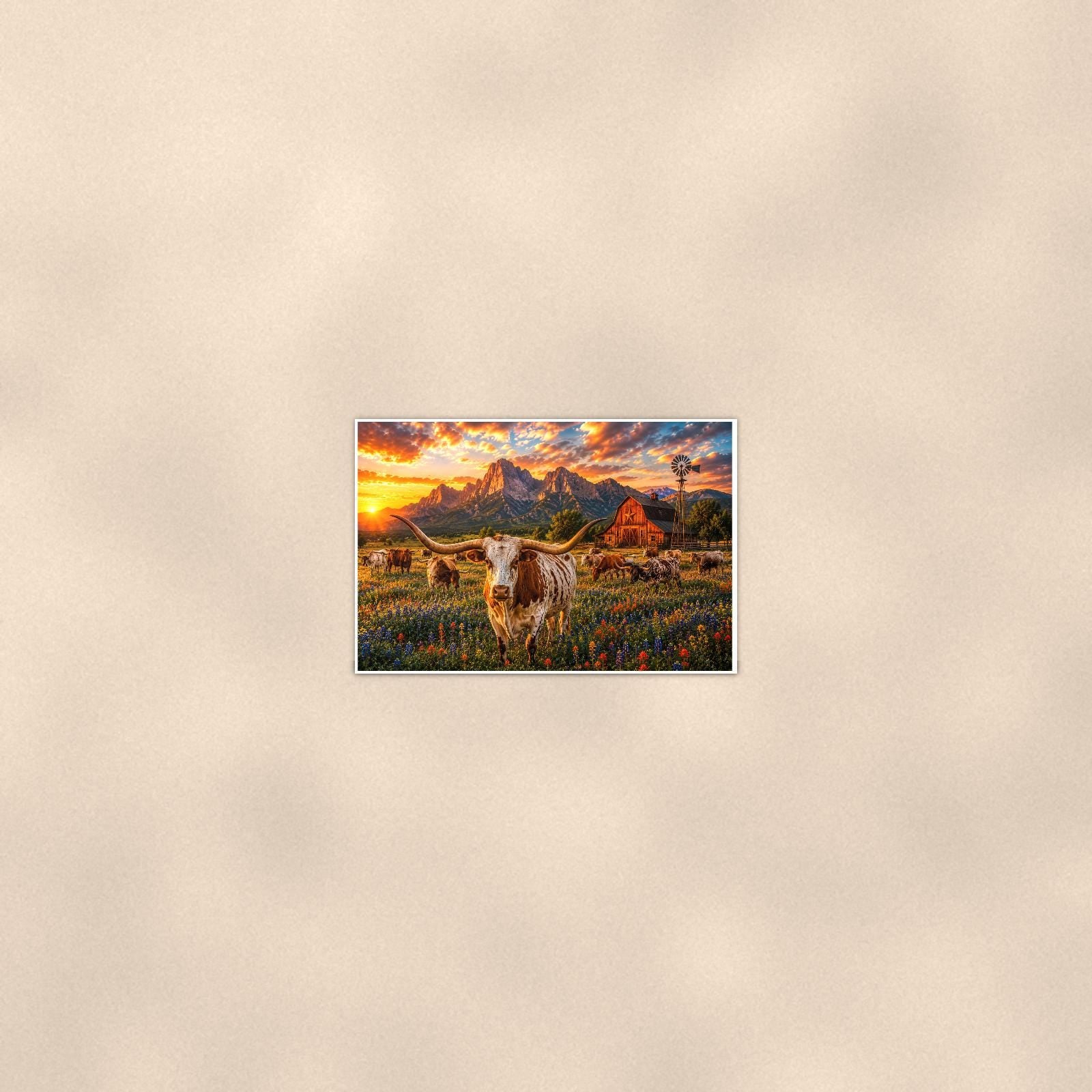 Highland Cow Farm — 36x24 in art print poster, premium luster paper with a white border; poster seen from further back, at true 24x36 in scale on a warm wall.