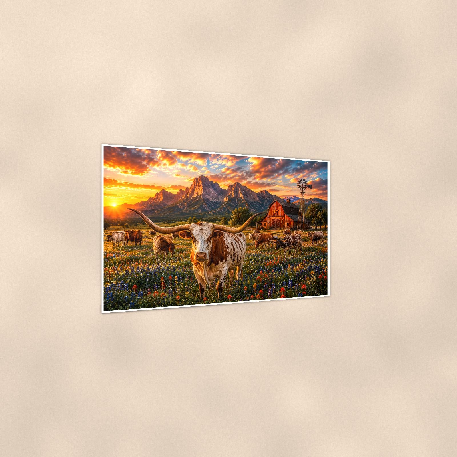 Highland Cow Farm — 36x24 in art print poster, premium luster paper with a white border; gentle three-quarter angle on a warm wall, showing the flat paper edge.