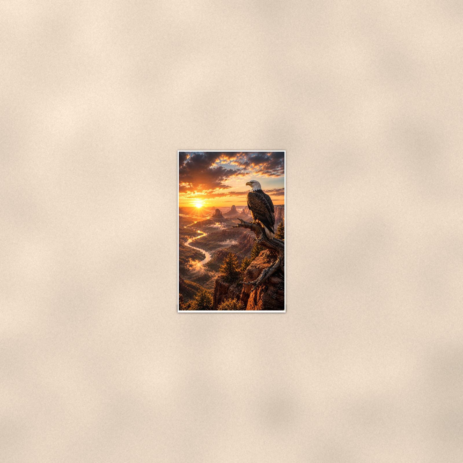 Bald Eagle River (Bird) — 24x36 in art print poster, premium luster paper with a white border; poster seen from further back, at true 24x36 in scale on a warm wall.