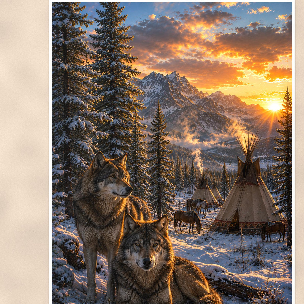 Wolf Winter Camp — 24x36 in art print poster, premium luster paper with a white border; close-up framed on the main subject of the artwork, paper surface visible.