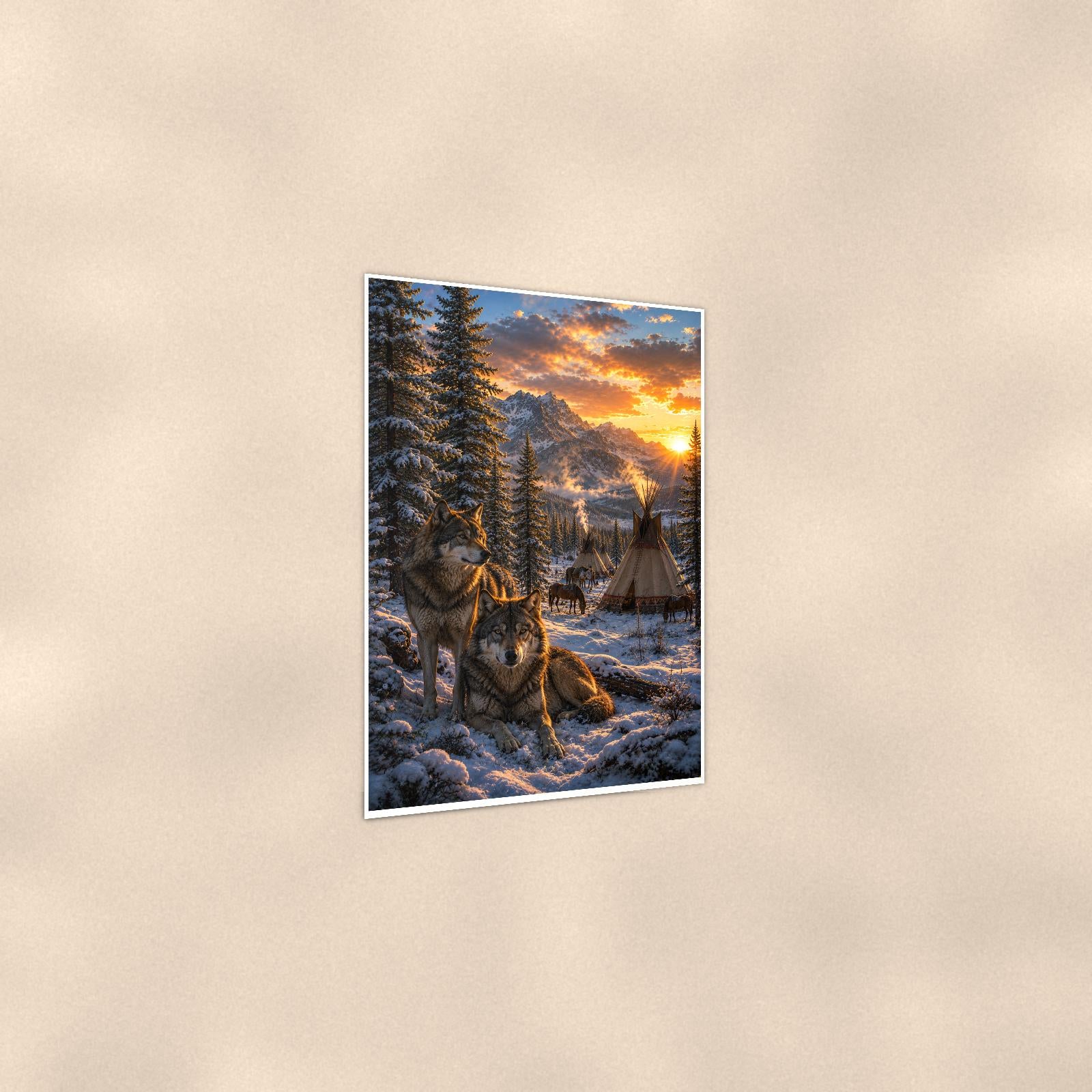 Wolf Winter Camp — 24x36 in art print poster, premium luster paper with a white border; gentle three-quarter angle on a warm wall, showing the flat paper edge.