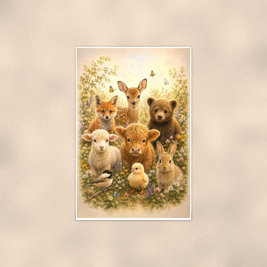 Woodland Baby Animals — 24x36 in art print poster, premium luster paper with a white border; poster shown straight on against a warm wall.