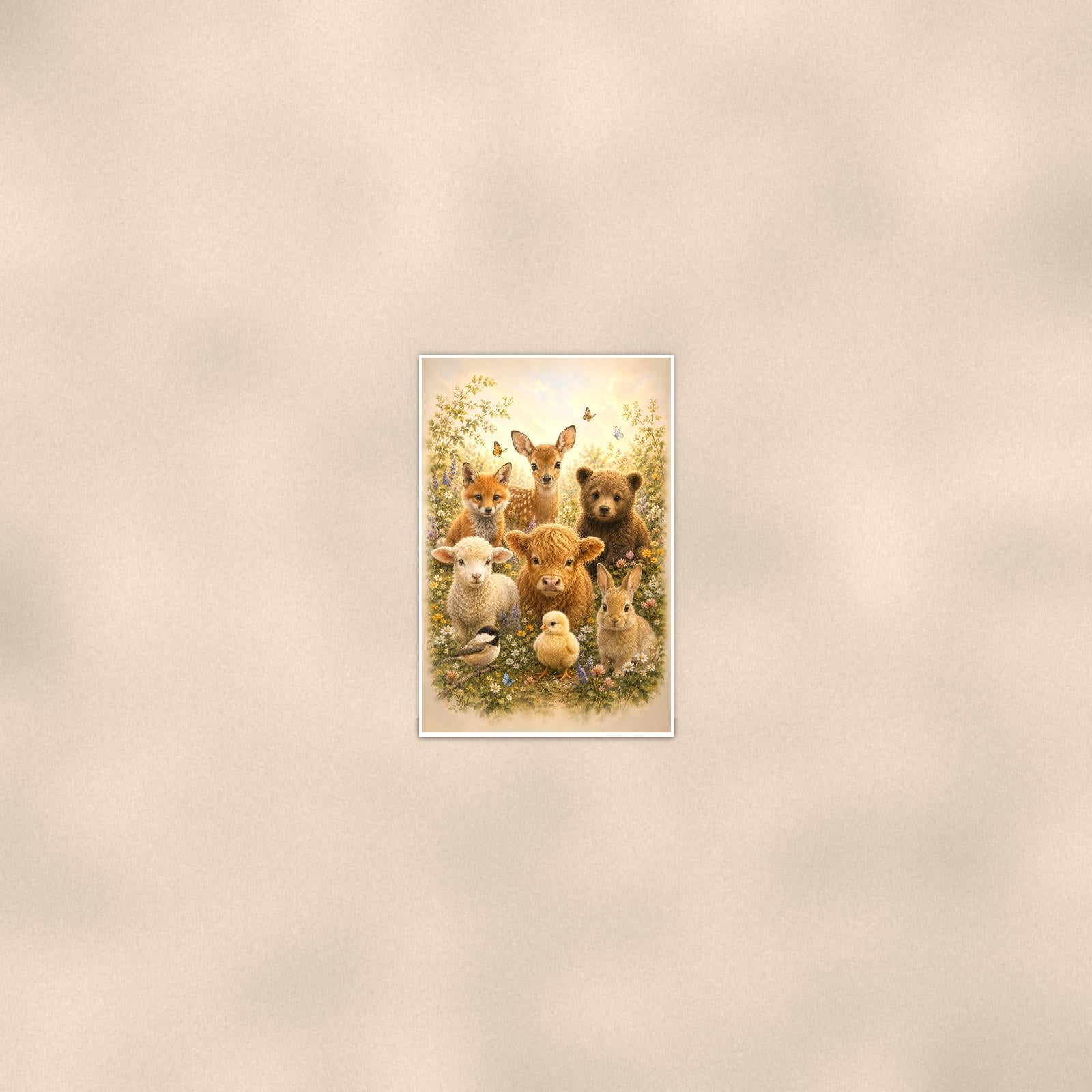 Woodland Baby Animals — 24x36 in art print poster, premium luster paper with a white border; poster seen from further back, at true 24x36 in scale on a warm wall.
