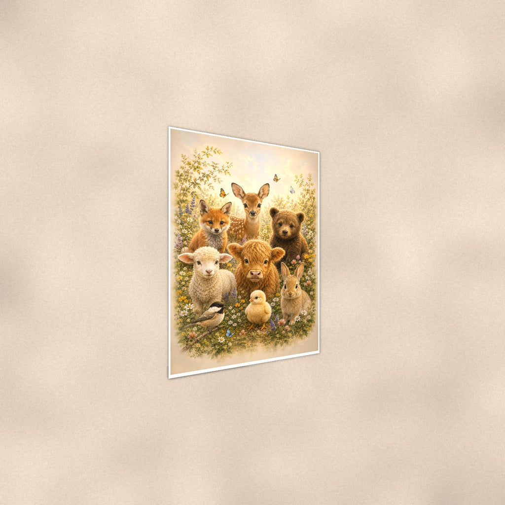 Woodland Baby Animals — 24x36 in art print poster, premium luster paper with a white border; steeper three-quarter angle on a warm wall, catching the luster sheen.