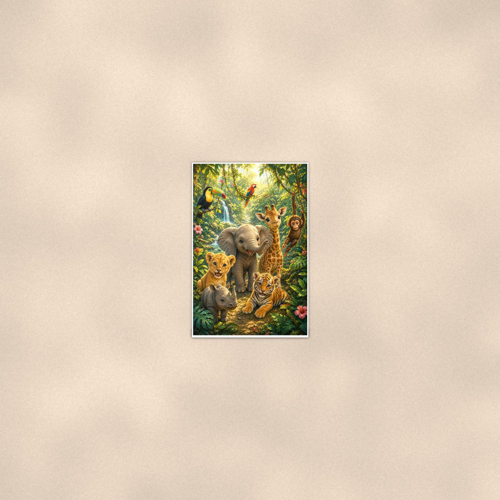 Jungle Animal Friends — 24x36 in art print poster, premium luster paper with a white border; poster seen from further back, at true 24x36 in scale on a warm wall.