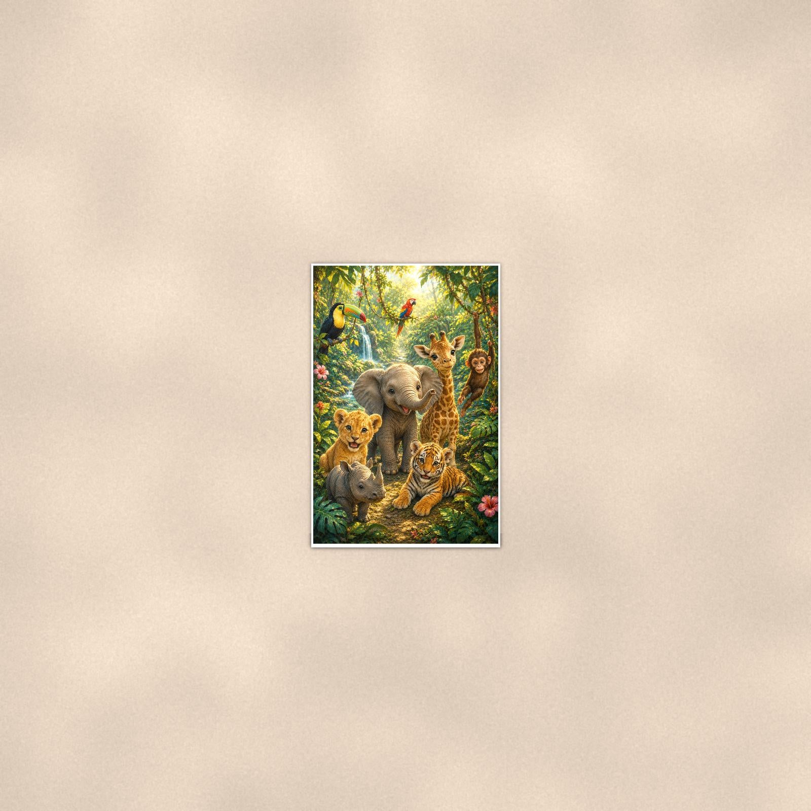 Jungle Animal Friends — 24x36 in art print poster, premium luster paper with a white border; poster seen from further back, at true 24x36 in scale on a warm wall.