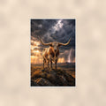 Storm Longhorn — 24x36 in art print poster, premium luster paper with a white border; poster shown straight on against a warm wall.