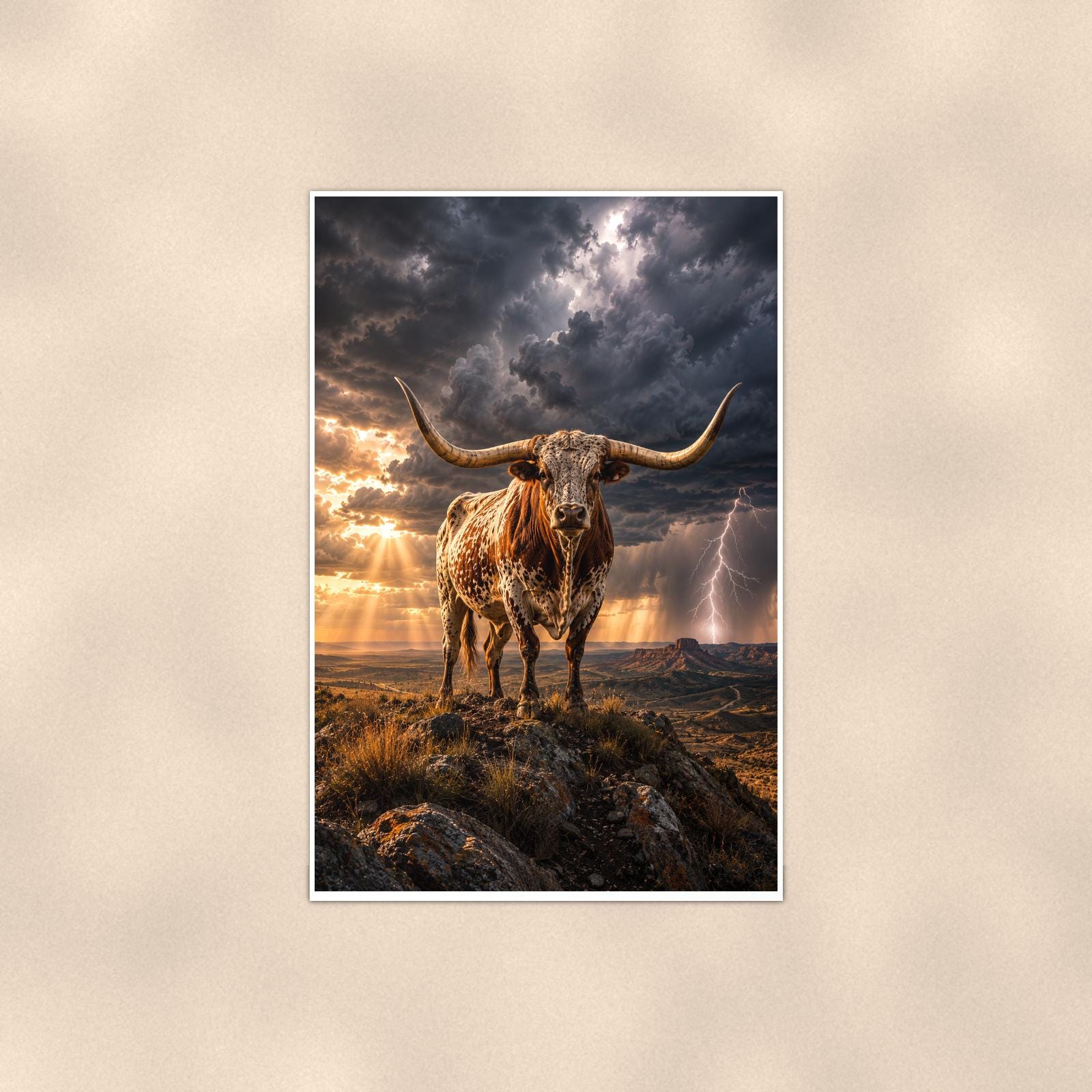 Storm Longhorn — 24x36 in art print poster, premium luster paper with a white border; poster shown straight on against a warm wall.