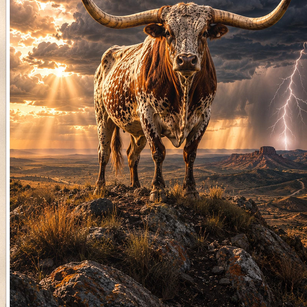 Storm Longhorn — 24x36 in art print poster, premium luster paper with a white border; close-up framed on the main subject of the artwork, paper surface visible.