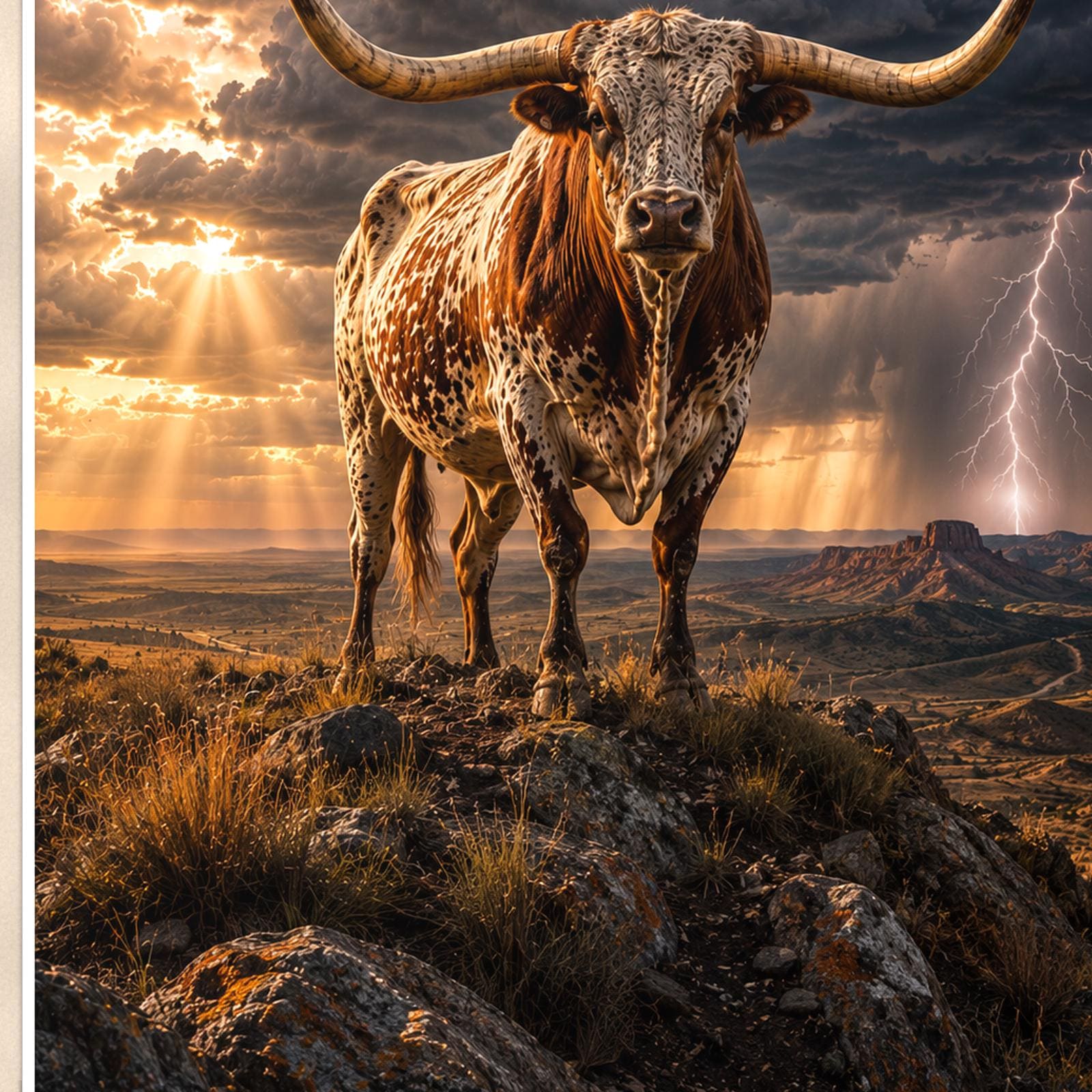 Storm Longhorn — 24x36 in art print poster, premium luster paper with a white border; close-up framed on the main subject of the artwork, paper surface visible.