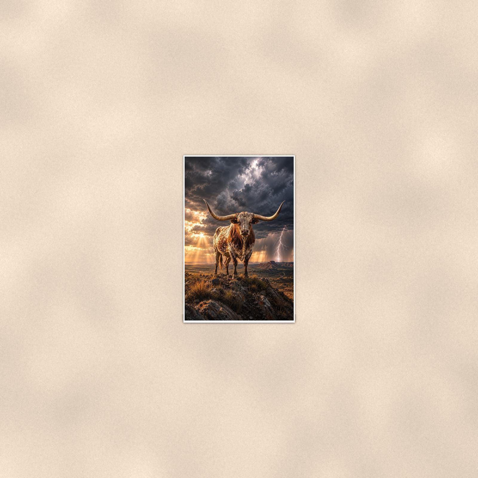 Storm Longhorn — 24x36 in art print poster, premium luster paper with a white border; poster seen from further back, at true 24x36 in scale on a warm wall.