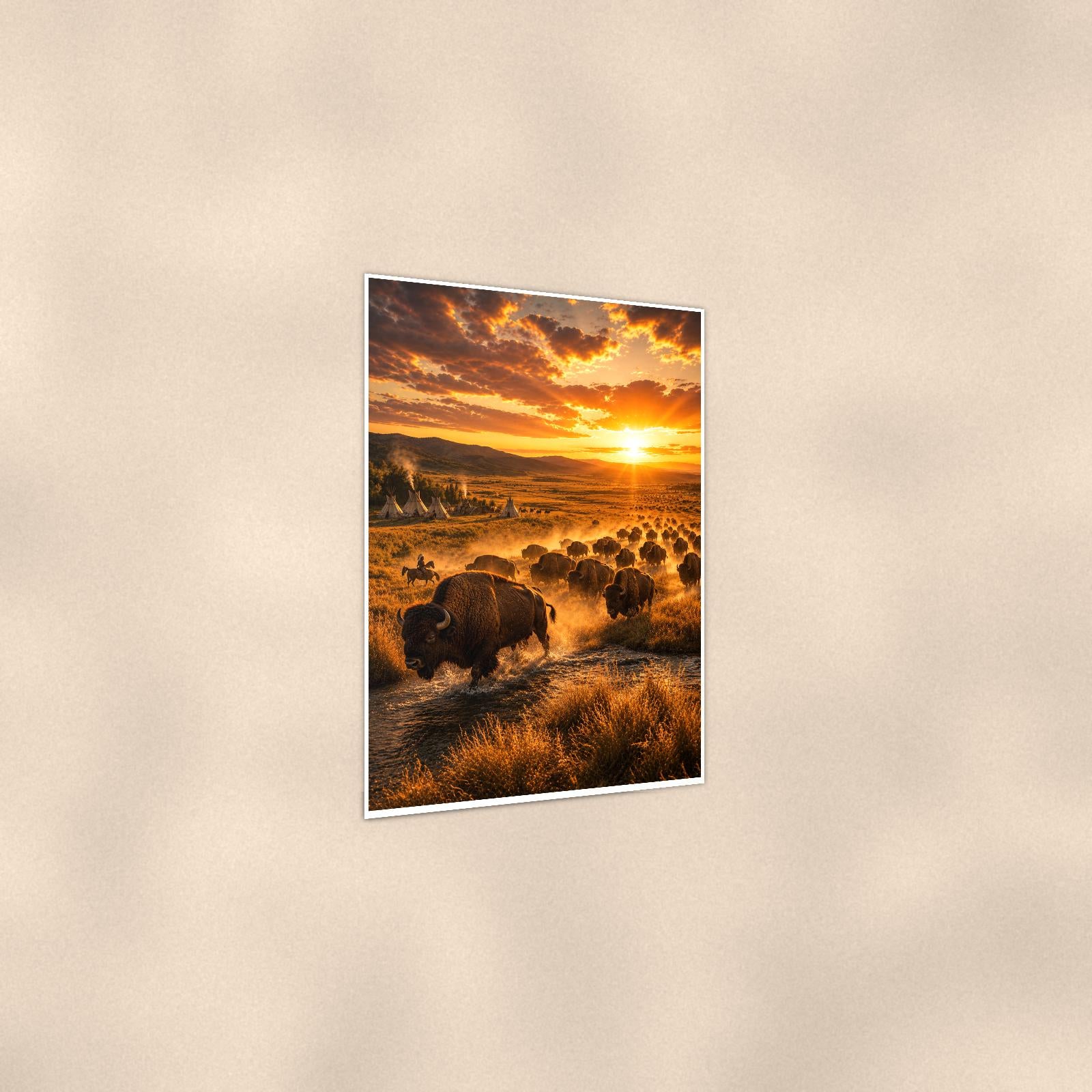 Bison Herd Sunset — 24x36 in art print poster, premium luster paper with a white border; gentle three-quarter angle on a warm wall, showing the flat paper edge.