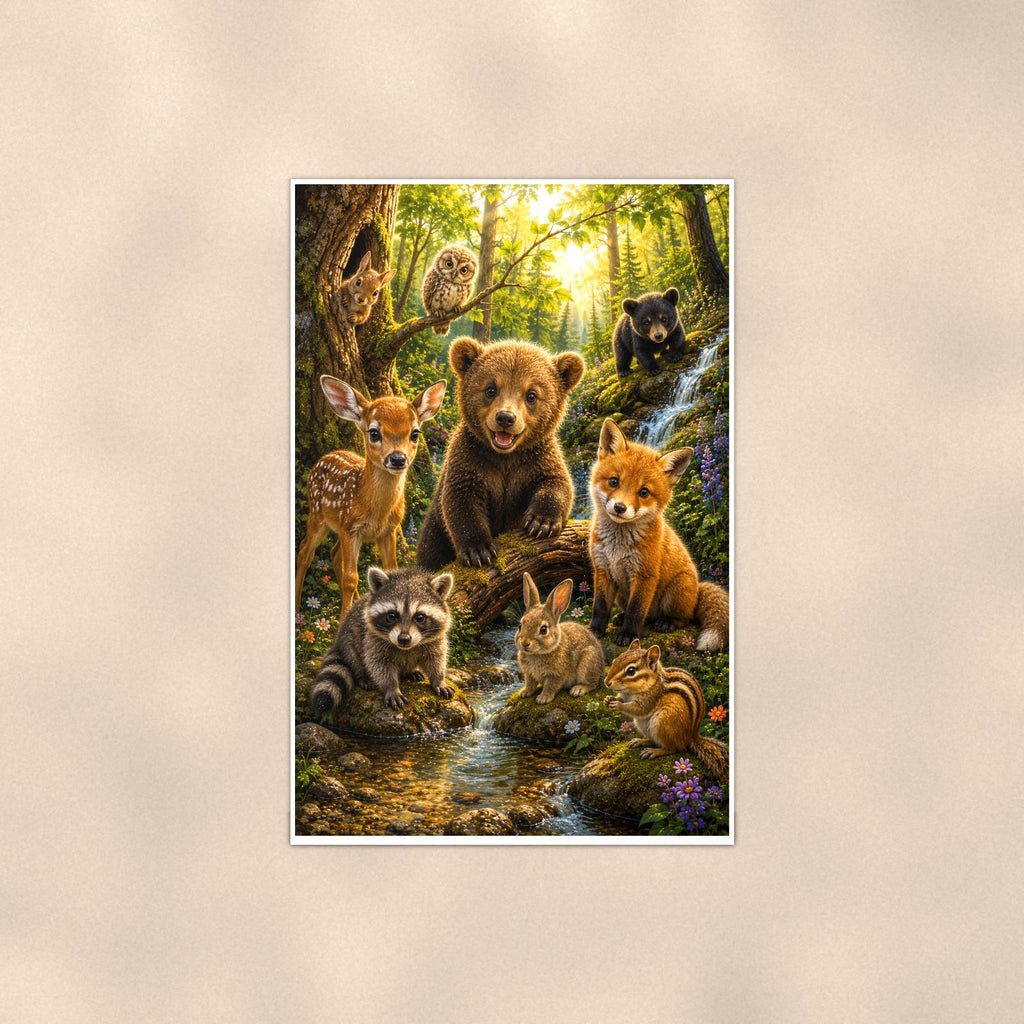 Woodland Animal Gathering — 24x36 in art print poster, premium luster paper with a white border; poster shown straight on against a warm wall.