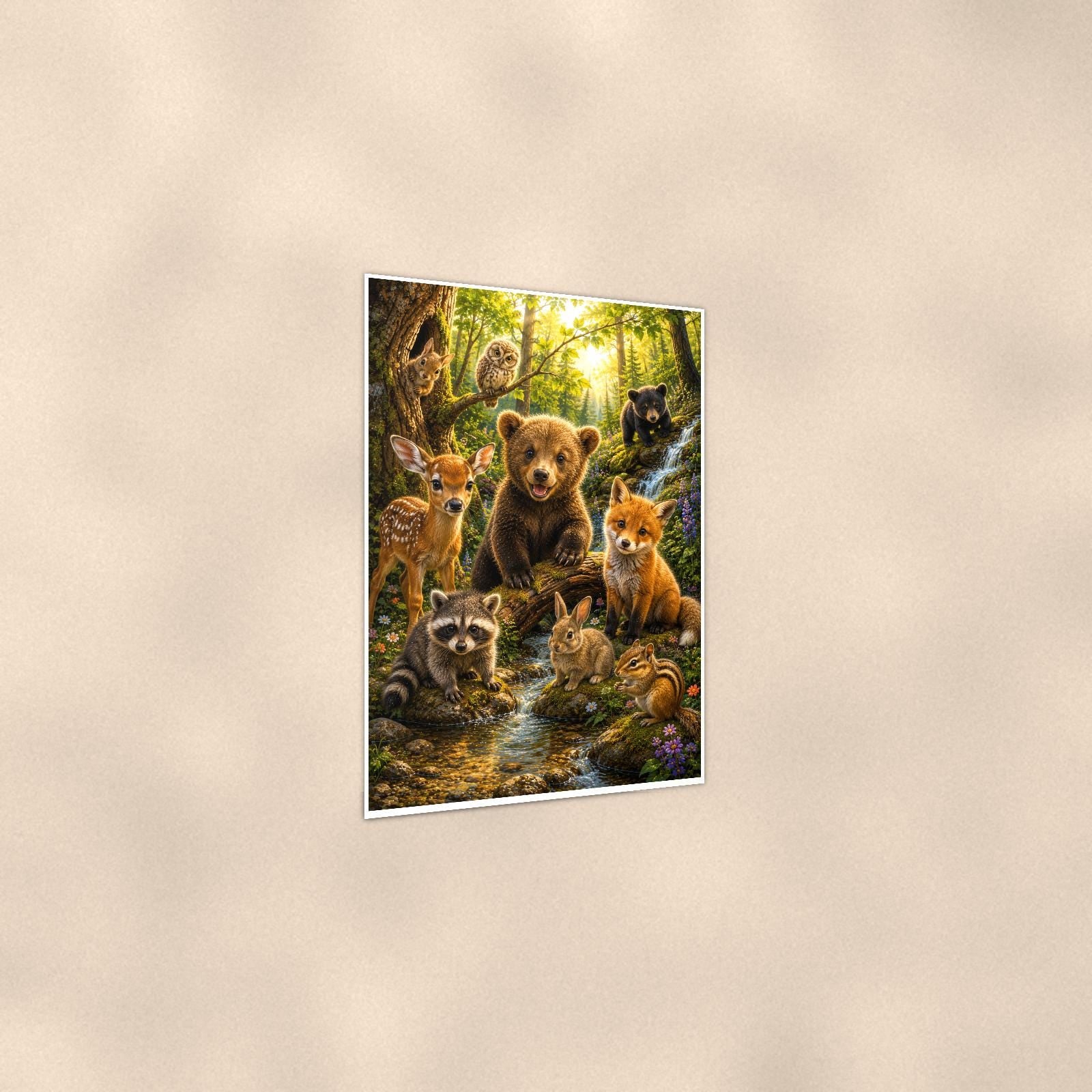 Woodland Animal Gathering — 24x36 in art print poster, premium luster paper with a white border; gentle three-quarter angle on a warm wall, showing the flat paper edge.
