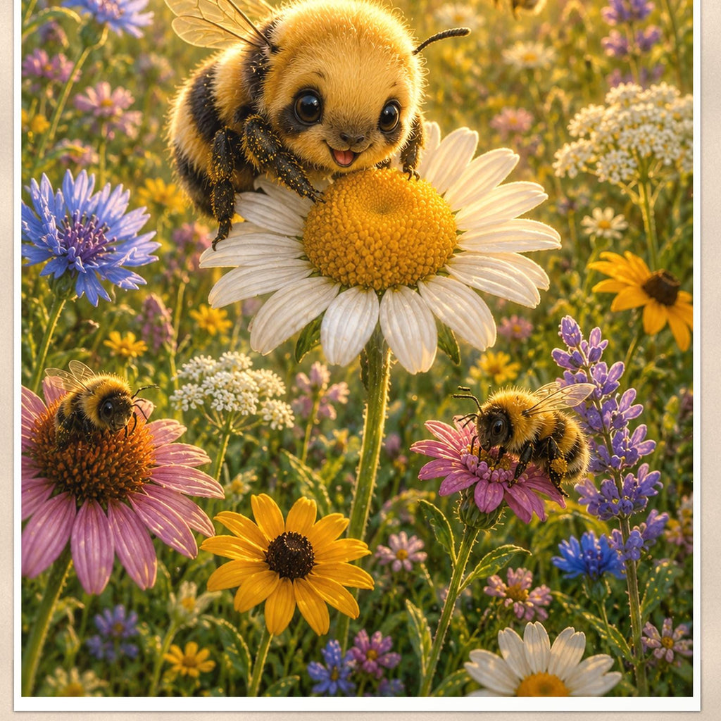 Bumblebee Puppy Meadow — 24x36 in art print poster, premium luster paper with a white border; close-up framed on the main subject of the artwork, paper surface visible.