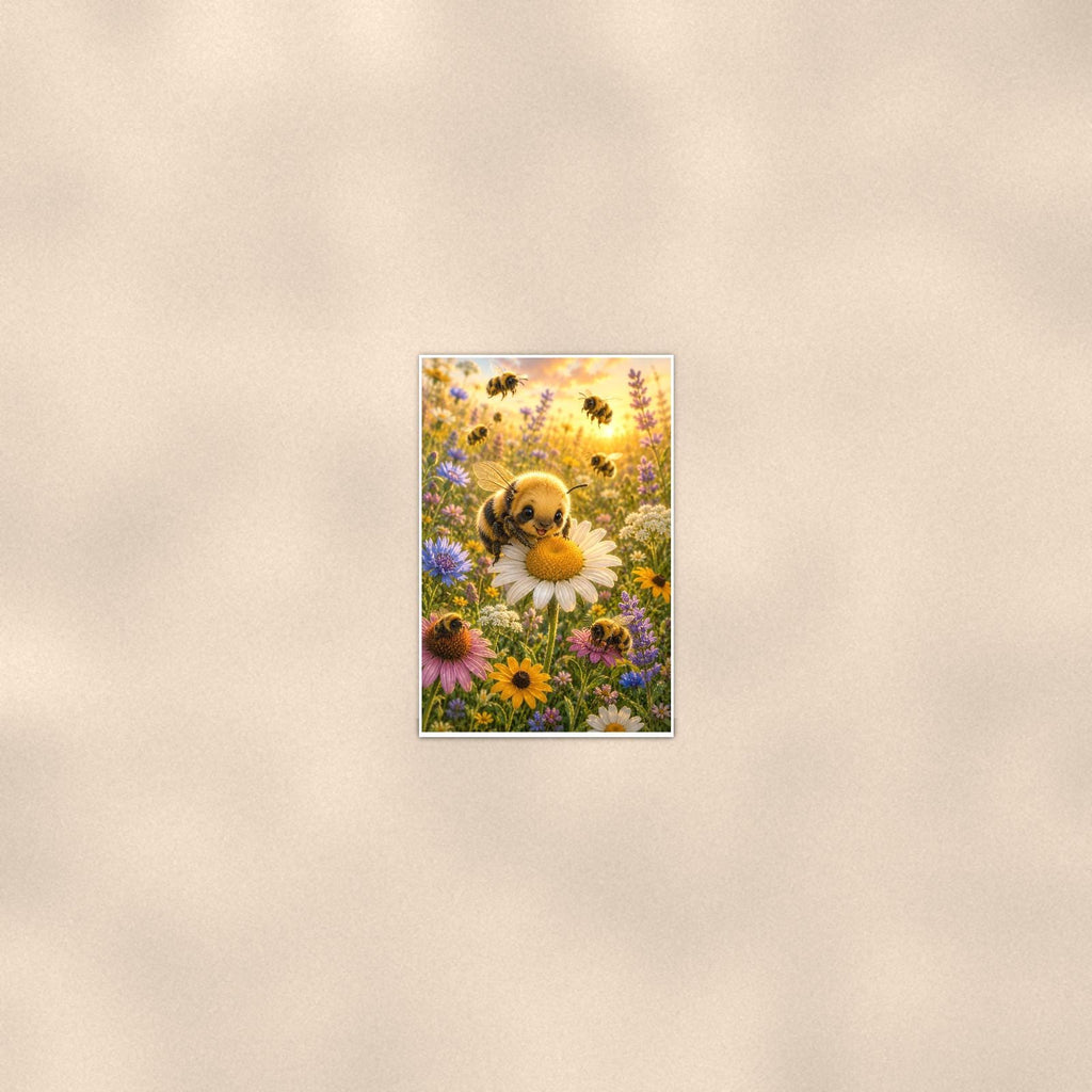 Bumblebee Puppy Meadow — 24x36 in art print poster, premium luster paper with a white border; poster seen from further back, at true 24x36 in scale on a warm wall.