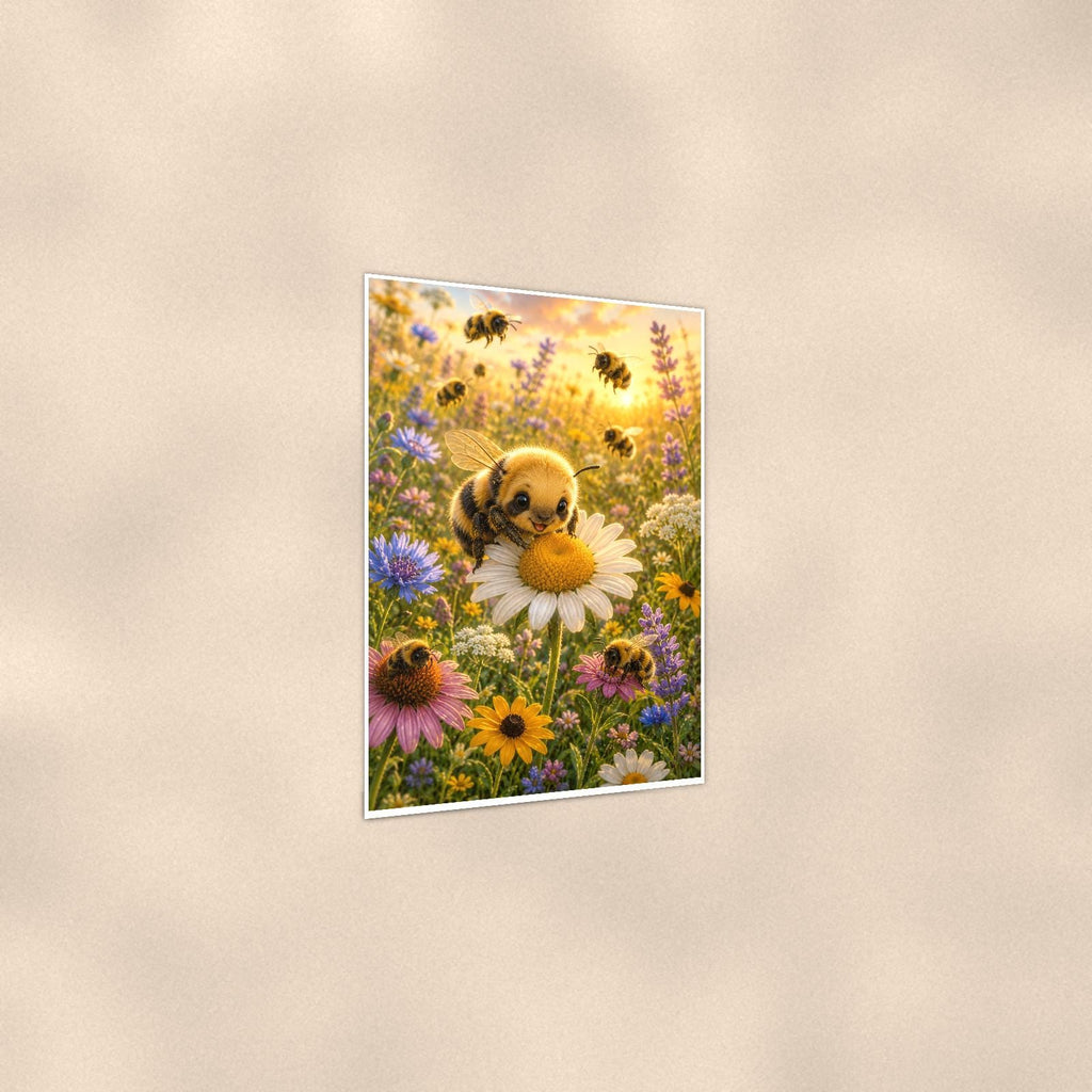 Bumblebee Puppy Meadow — 24x36 in art print poster, premium luster paper with a white border; gentle three-quarter angle on a warm wall, showing the flat paper edge.