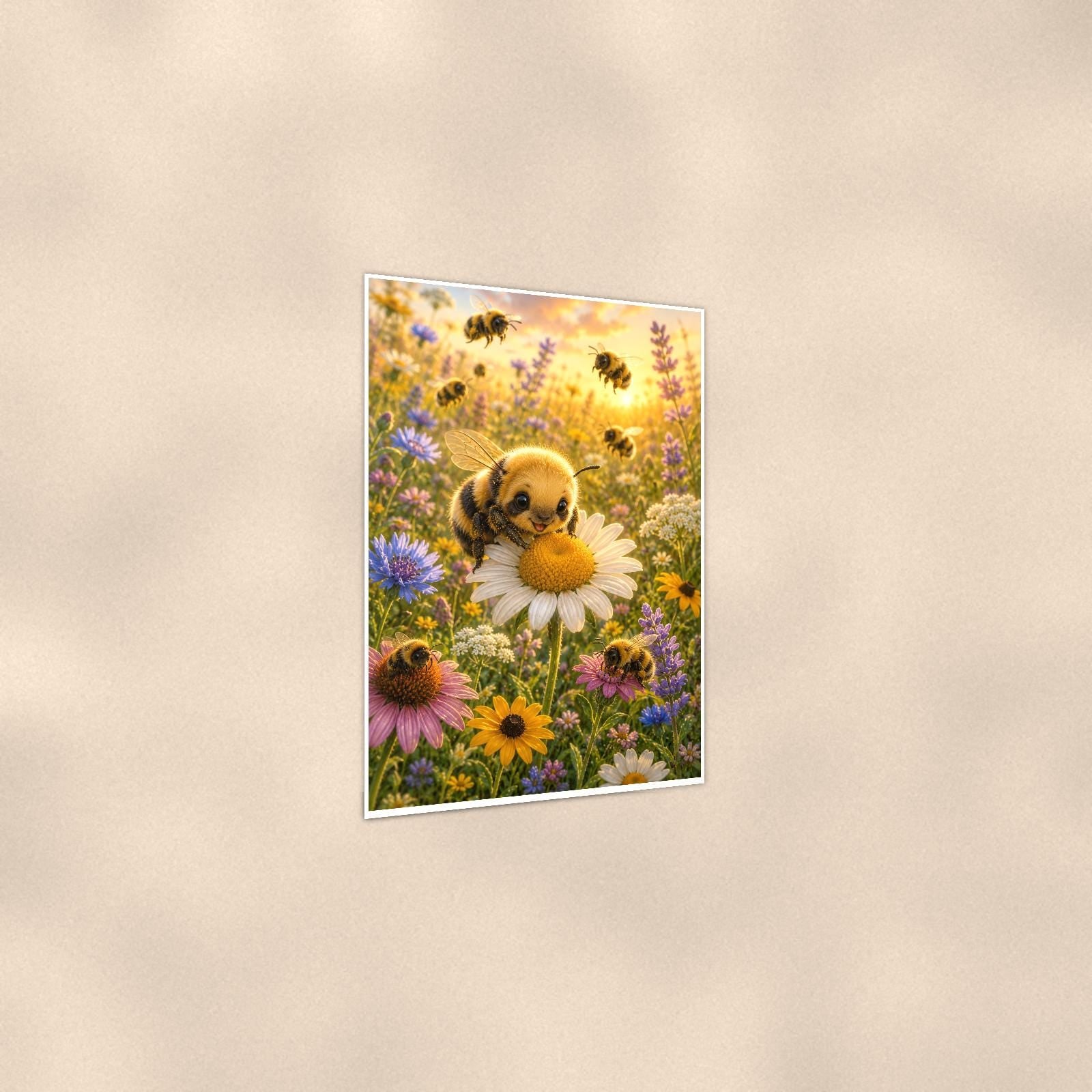 Bumblebee Puppy Meadow — 24x36 in art print poster, premium luster paper with a white border; gentle three-quarter angle on a warm wall, showing the flat paper edge.