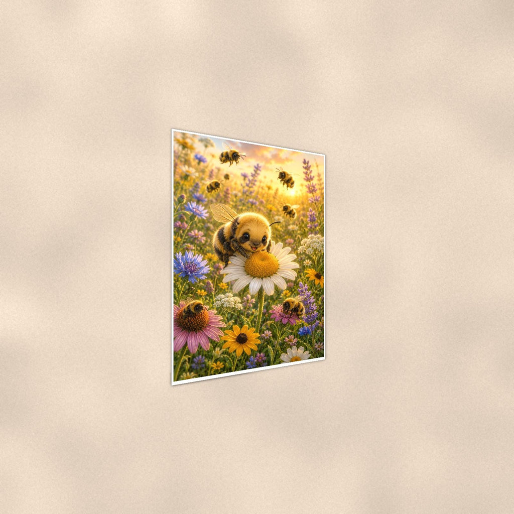 Bumblebee Puppy Meadow — 24x36 in art print poster, premium luster paper with a white border; steeper three-quarter angle on a warm wall, catching the luster sheen.