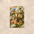 Garden Bird Gathering — 24x36 in art print poster, premium luster paper with a white border; poster shown straight on against a warm wall.