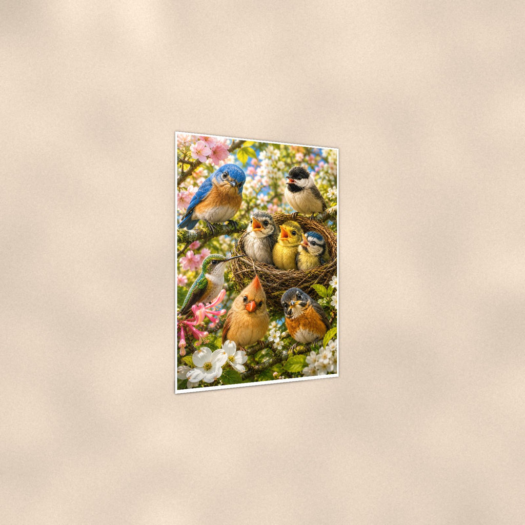 Garden Bird Gathering — 24x36 in art print poster, premium luster paper with a white border; gentle three-quarter angle on a warm wall, showing the flat paper edge.