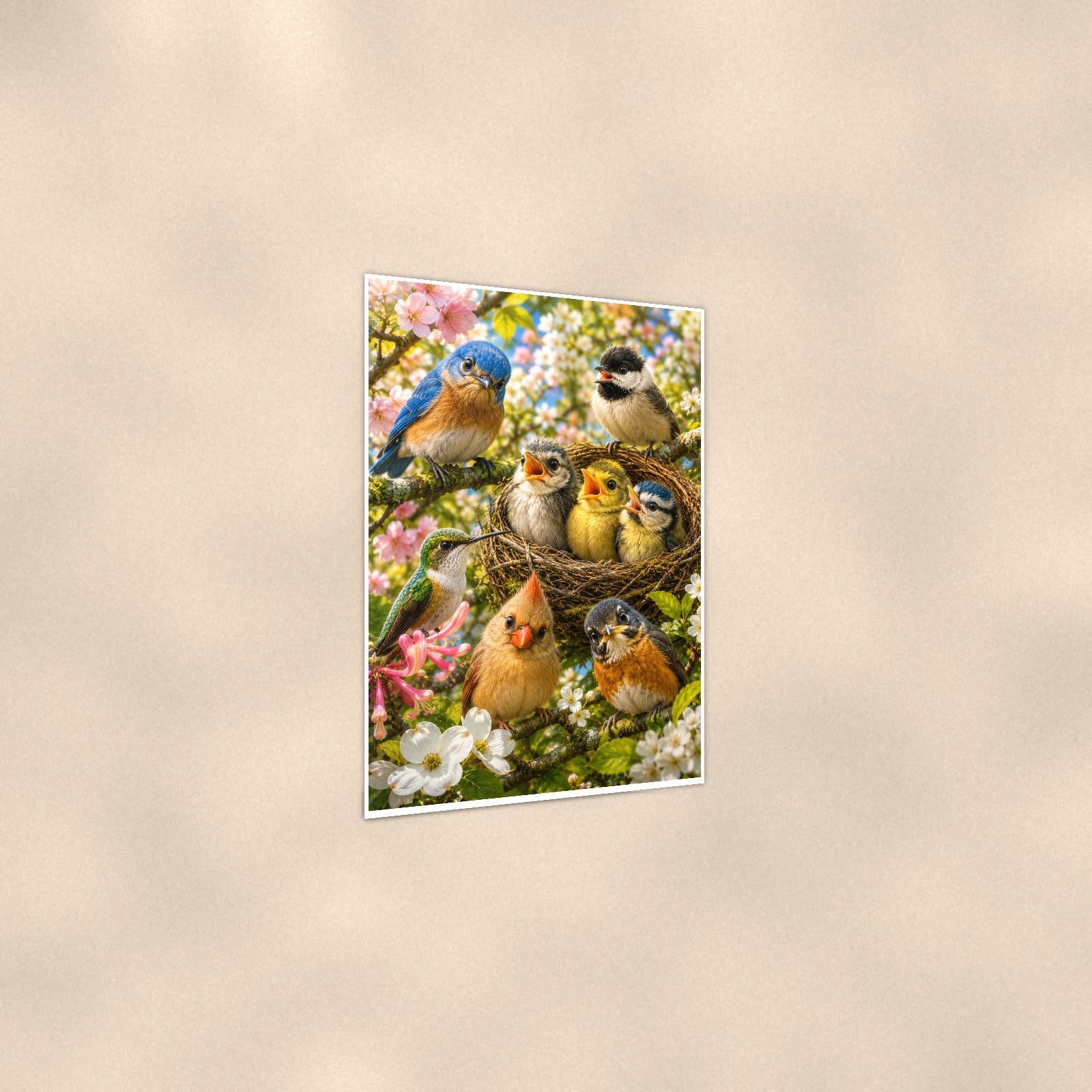Garden Bird Gathering — 24x36 in art print poster, premium luster paper with a white border; gentle three-quarter angle on a warm wall, showing the flat paper edge.
