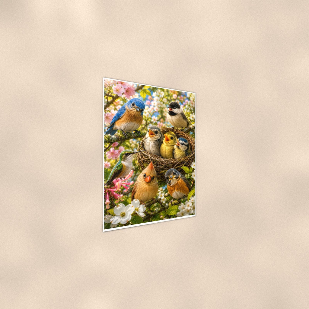 Garden Bird Gathering — 24x36 in art print poster, premium luster paper with a white border; steeper three-quarter angle on a warm wall, catching the luster sheen.