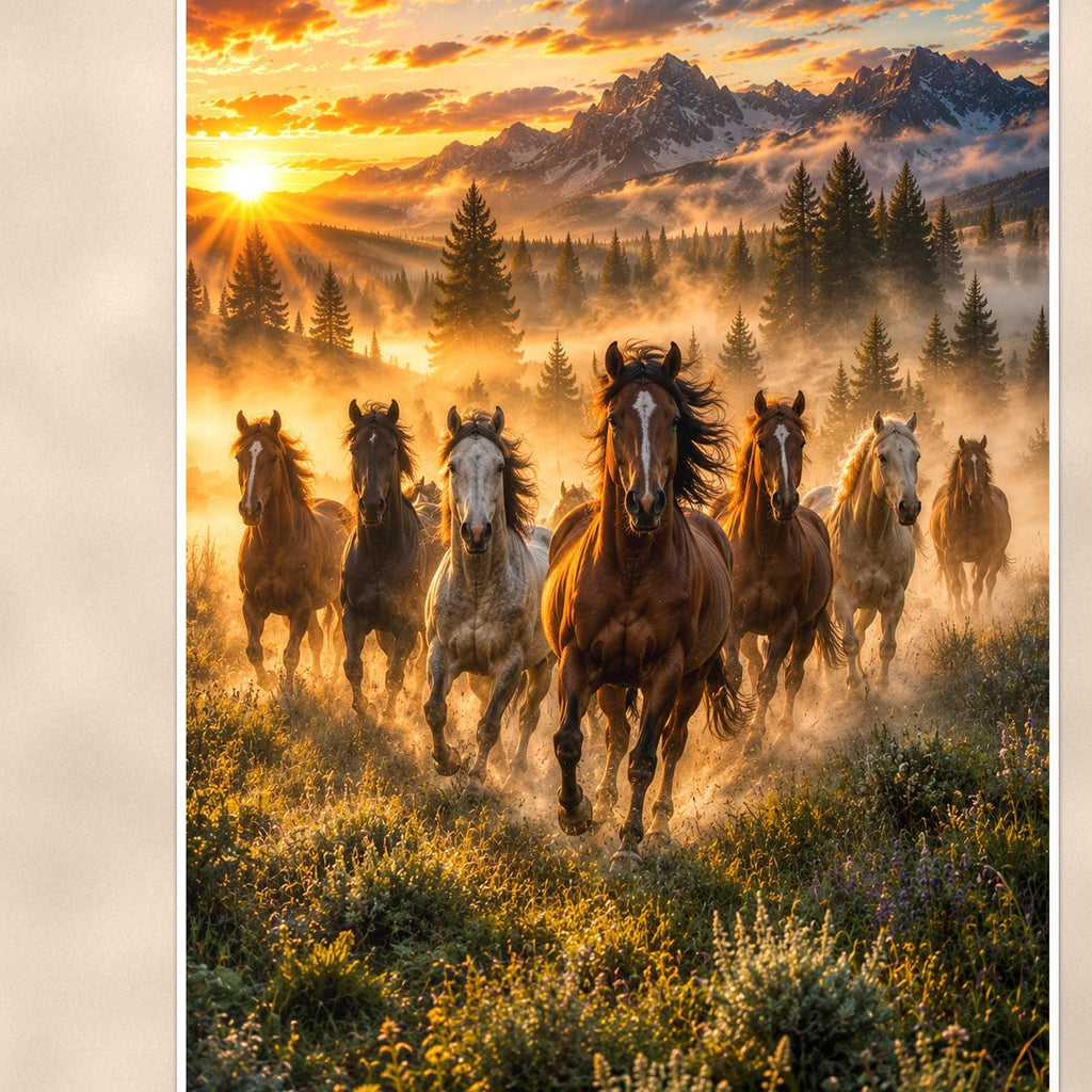 Horse Herd Morning — 24x36 in art print poster, premium luster paper with a white border; close-up framed on the main subject of the artwork, paper surface visible.