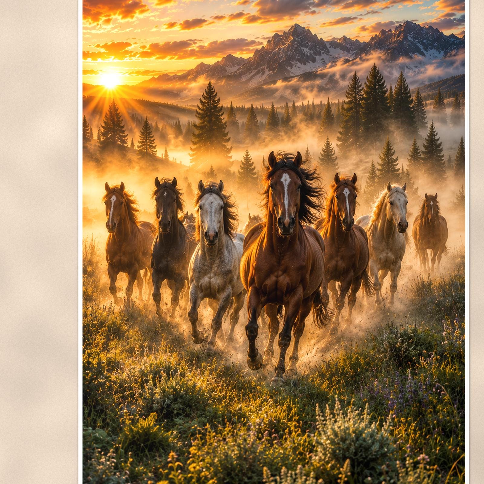 Horse Herd Morning — 24x36 in art print poster, premium luster paper with a white border; close-up framed on the main subject of the artwork, paper surface visible.