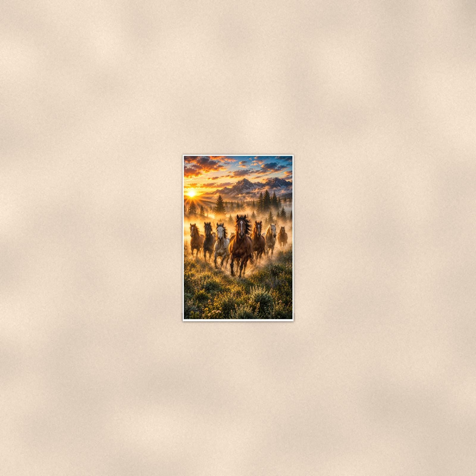 Horse Herd Morning — 24x36 in art print poster, premium luster paper with a white border; poster seen from further back, at true 24x36 in scale on a warm wall.