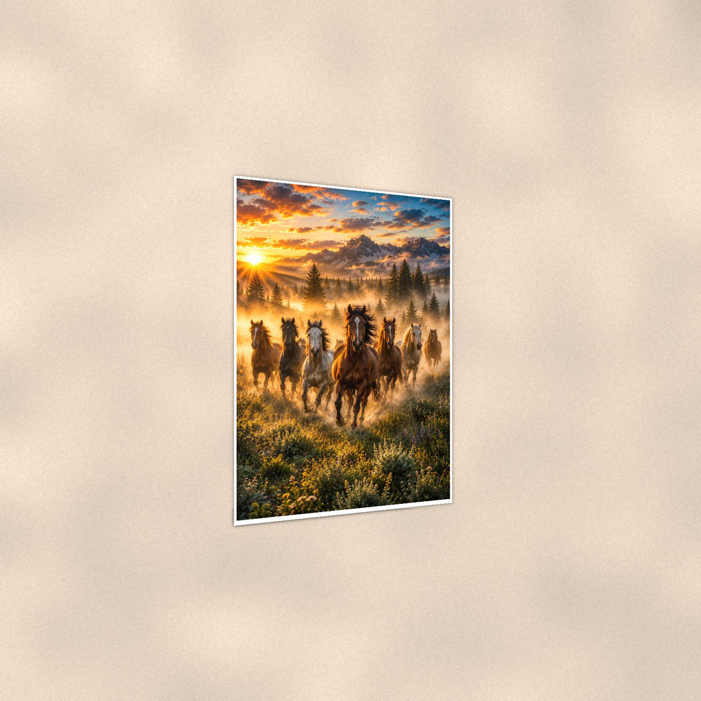 Horse Herd Morning — 24x36 in art print poster, premium luster paper with a white border; gentle three-quarter angle on a warm wall, showing the flat paper edge.