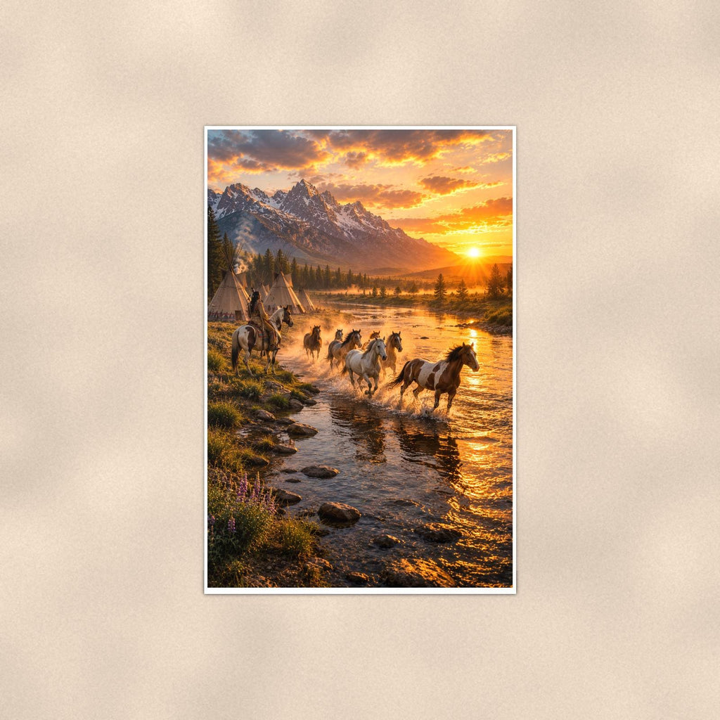 Cattle Drive Sunset — 24x36 in art print poster, premium luster paper with a white border; poster shown straight on against a warm wall.