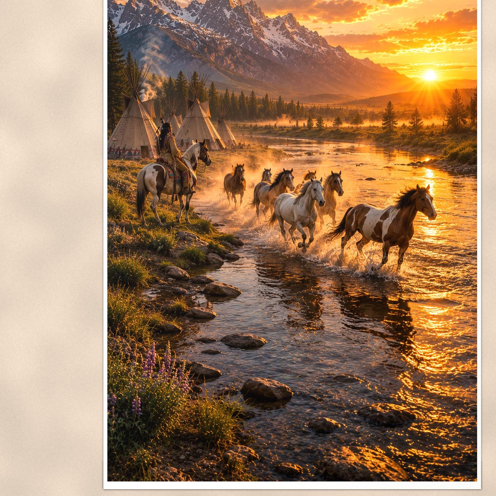 Cattle Drive Sunset — 24x36 in art print poster, premium luster paper with a white border; close-up framed on the main subject of the artwork, paper surface visible.